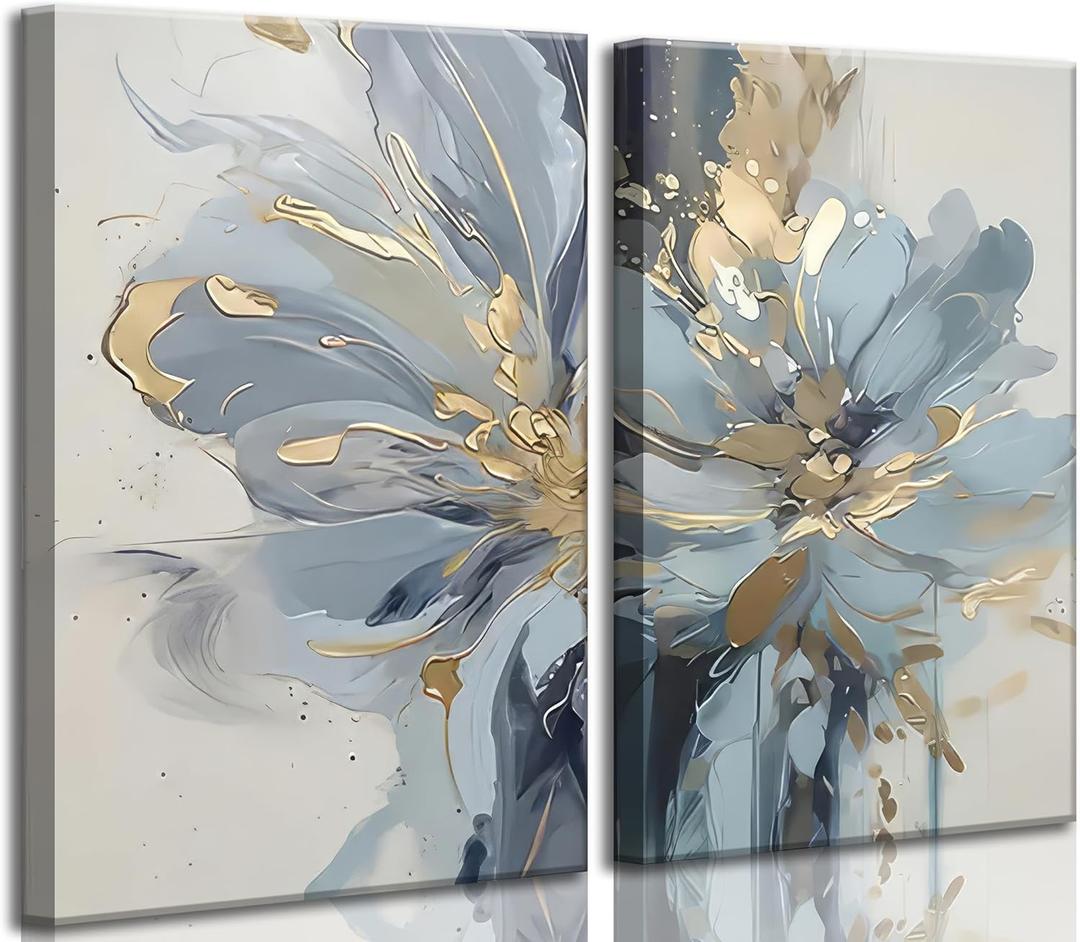 Pack of 2 Neutral Abstract Floral Canvas Wall Art Luxurious Light Blue Grey And Gold Flower Painting Pictures Wall Decor Poster Print Artwork for Living Room Bedroom Bathroom Home Decoration (16L''x12W'')
