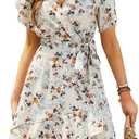 Womens Wrap V Neck Short Sleeve Dress 2025 Summer Floral Boho Dress Ruffle A Line Flowy High Low Midi Dresses (M)
