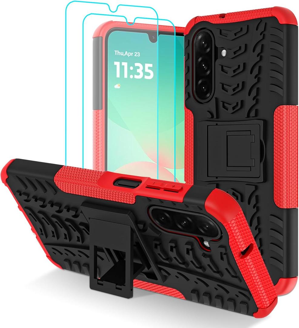 for Samsung Galaxy A17 5G/ A26 5G Phone Case with 2 Pack Screen Protector | Military Grade Shockproof | Heavy Duty Robust Bumper Cover | with Kickstand | Red