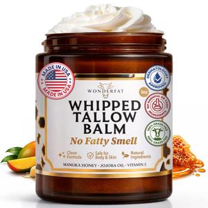 Grass-Fed Whipped Tallow Balm, Face and Body Moisturizer with Manuka Honey, Fragrance Free Tallow Moisturizer for Sensitive Skin, Lightweight Tallow Cream, 3 oz