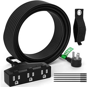 Outdoor Extension Cord 12 Ft with 3 Outlets, 14/3 SJTW 3 Prong Grounded Power Cord, 14 Gauge 14AWG Heavy Duty Power Cable, ETL Listed, 15 Amp 125 V 1875 W-Multiple Outlets for Indoor/Outdoor-Black