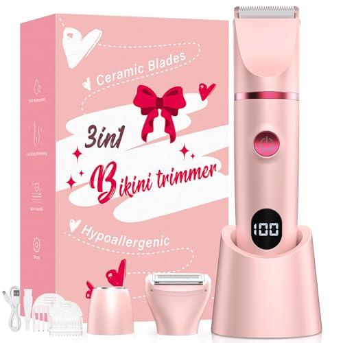 Crolanli Bikini Trimmer for Women, 3-in-1 Electric Razors for Women, IPX7 Waterproof Rechargeable Cordless Pubic Hair Shaver, with LED Display, for Ladies Bikini Pubic, Face, Underarms, Legs(Pink)