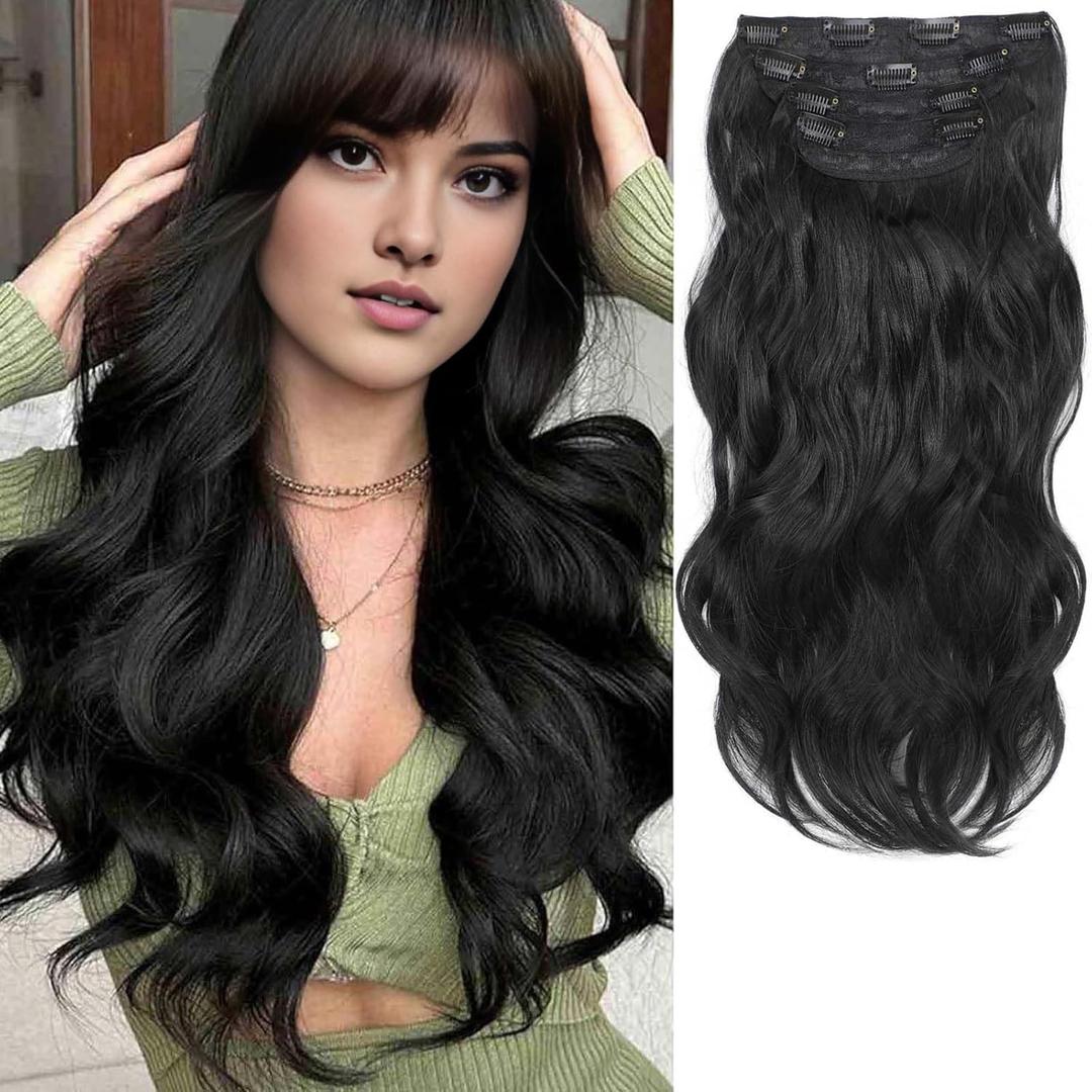 Clip in Hair Extensions 20 Inch 4PCS Synthetic Wavy Hairpieces for Women - Soft Thick Double Weft for Daily Party Use (1B)