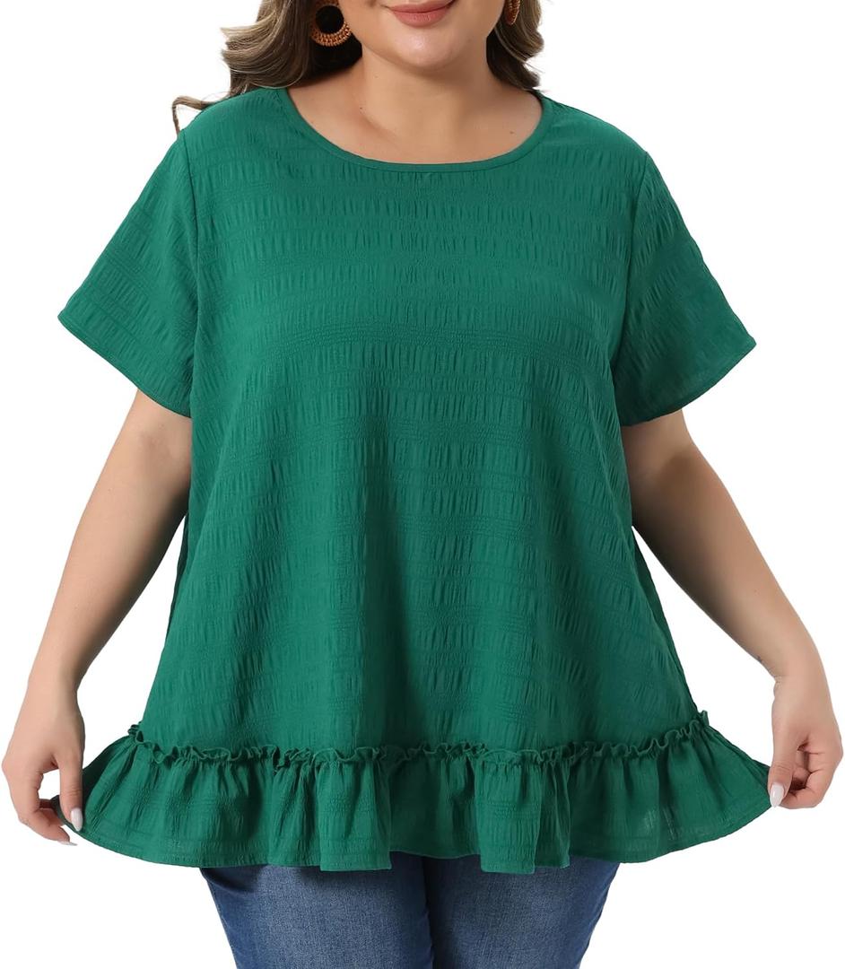 Agnes Orinda Plus Size Tops for Women Crew Neck Short Sleeve Shirts Loose Fit Flowy Summer Blouse Top Casual (Green, XXXL)