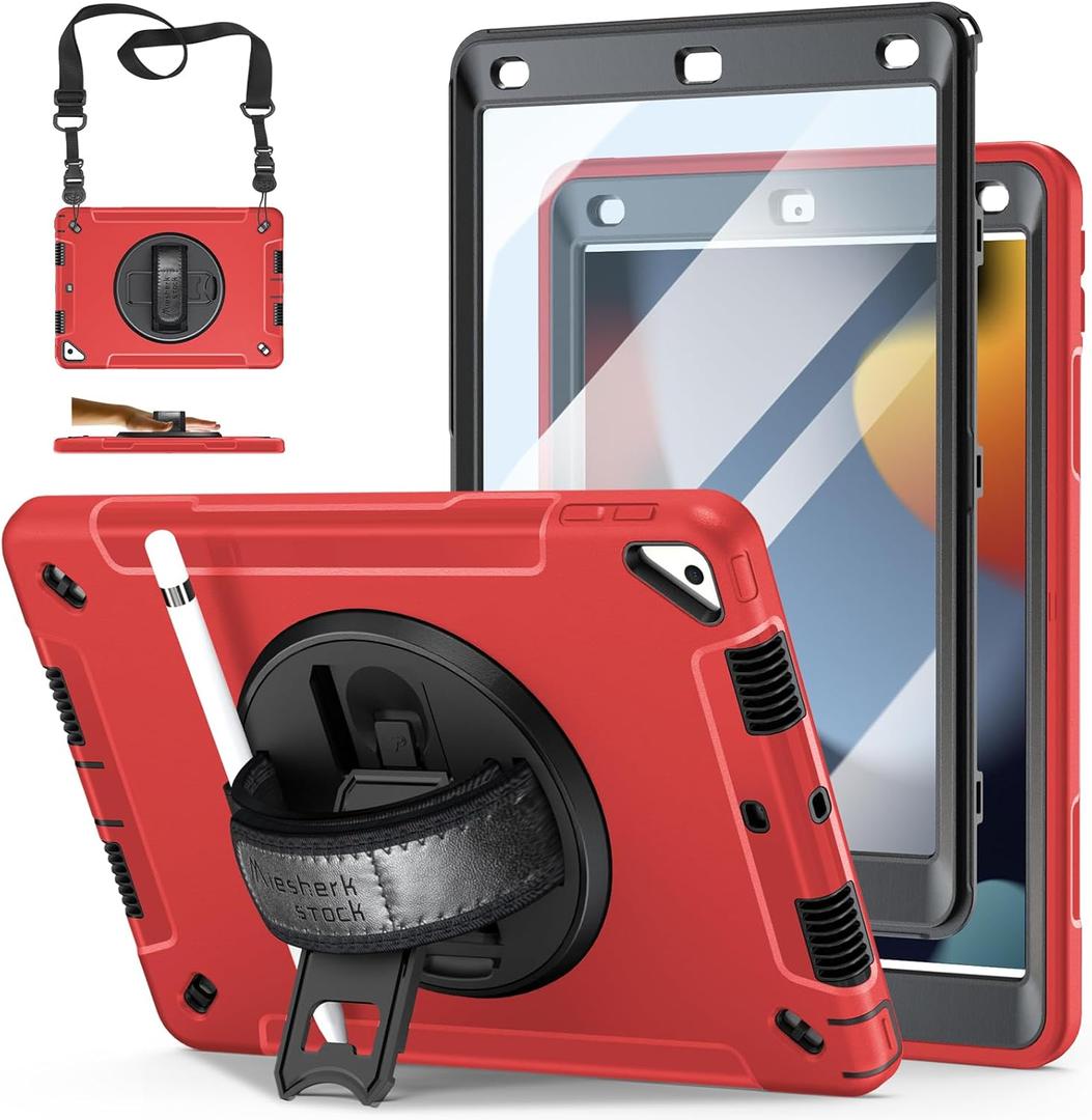 Case for iPad 9th/8th/7th Generation 10.2 Inch: TPU Cover for iPad 10.2 Inch with Screen Protector - Stand - Handle - Shoulder Strap- Pencil Holder- Red
