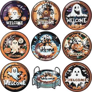 Fotasmua 8 PCS Halloween Diamond Art Coasters Kits, Round Full Drill Halloween Pumpkin Ghost Diamond Painting Coasters Set with Holder, DIY Diamond Dot by Number Coaster Art and Craft for Home Decor