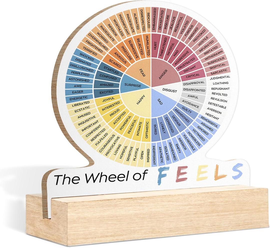 CTYNU Mental Health Gifts Wheel of Emotions Feelings Desk Decor Sign, The Wheel of Feels Wood Sign Plaque With Wooden Stand Decor for Therapy Office Living Room, Counselor Physical Therapist Gifts