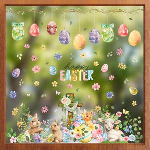 2 x ZAWE 9 Sheets Bunny Lamb Eggs Chick Cross Flowers Rabbit Easter Window Clings Double-Sided Reusable Static Window Decals Stickers for Party Home Classroom Office Decorations