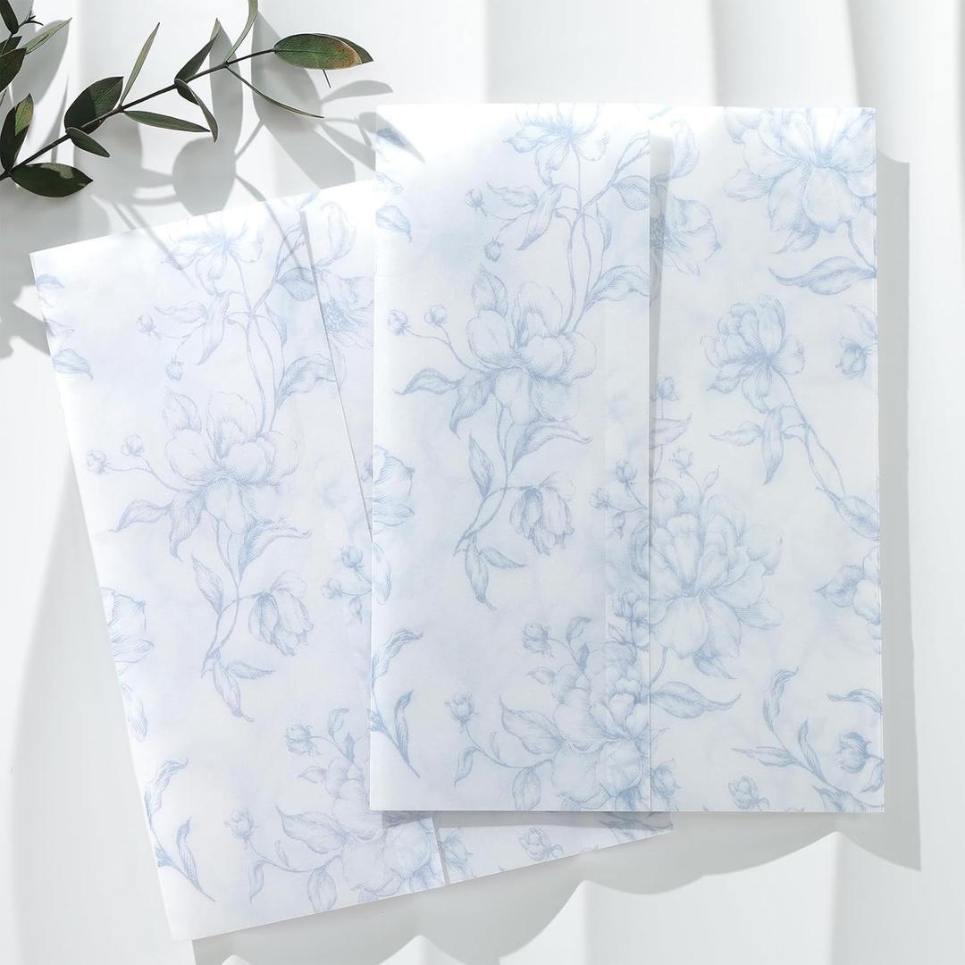 UNIQOOO 50 Pack Pre-Folded Dusty Blue Grace Bloom Vellum Jackets for 5x7 Invitations, 115GSM Transparent Vellum Jacket for Vintage Themed Wedding & Events