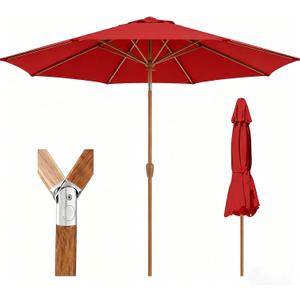 9ft Outdoor Patio Umbrella, Market Table Umbrella with Crank and Easy Push Button Tilt, Wood Grain Frame, UPF 50+ for Pool, Garden, Deck, Backyard