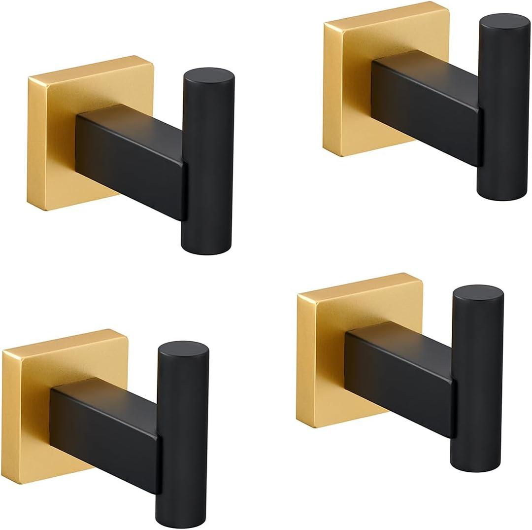 Miyili Bathroom Lavatory Single Coat and Robe Hook Wall Mount, Stainless Steel Bath Towel Hook 4 Pack Black & Gold, B02BG4