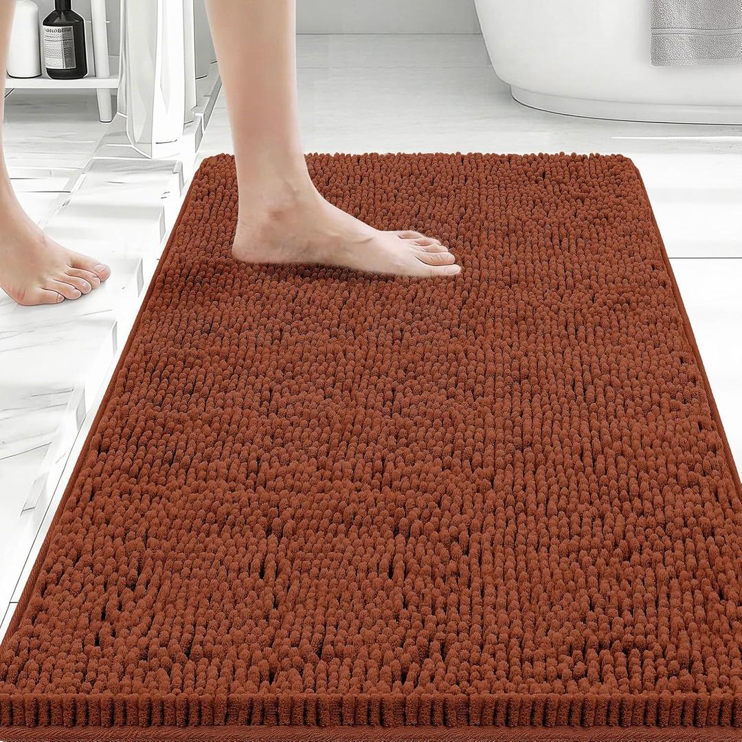 Bcoimo 30x20 Chenille Bath Mat  Non-Slip with Backing Bath Rug Ultra-Absorbent and Machine Washable Bathroom Mat Quick-Dry Design. Ideal for Bathroom Shower and Tub Areas (Burnt Orange)
