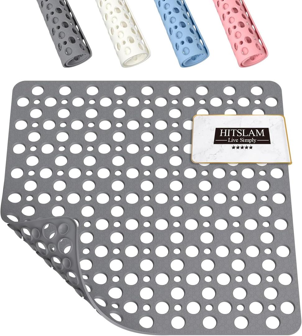 HITSLAM Shower Mat Anti Slip, 21x21 Inch No Odor Soft TPE Bathroom Shower Stall Floor Mat, Square Bath Mat for Tub Non Slip with Suction Cups and Drain Holes, Machine Washable, Soft on Feet, Grey