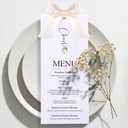 50 Sets 76lb Wedding Menu Cards 4 x 9'' and Name Place Cards with Ribbon for Table Setting DIY White Blank Cardstock for Wedding Dinner Banquet Party Table Setting Supplies