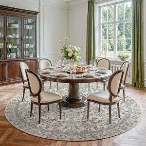 jinchan Zenith Round Rug 8ft Area Rug Soft 8'Round Vintage Floral Rug Non-Slip Low-Pile Machine Washable Carpet for Bedroom Dining Room Living Room Office Foyer Farmhouse Blue/Cream