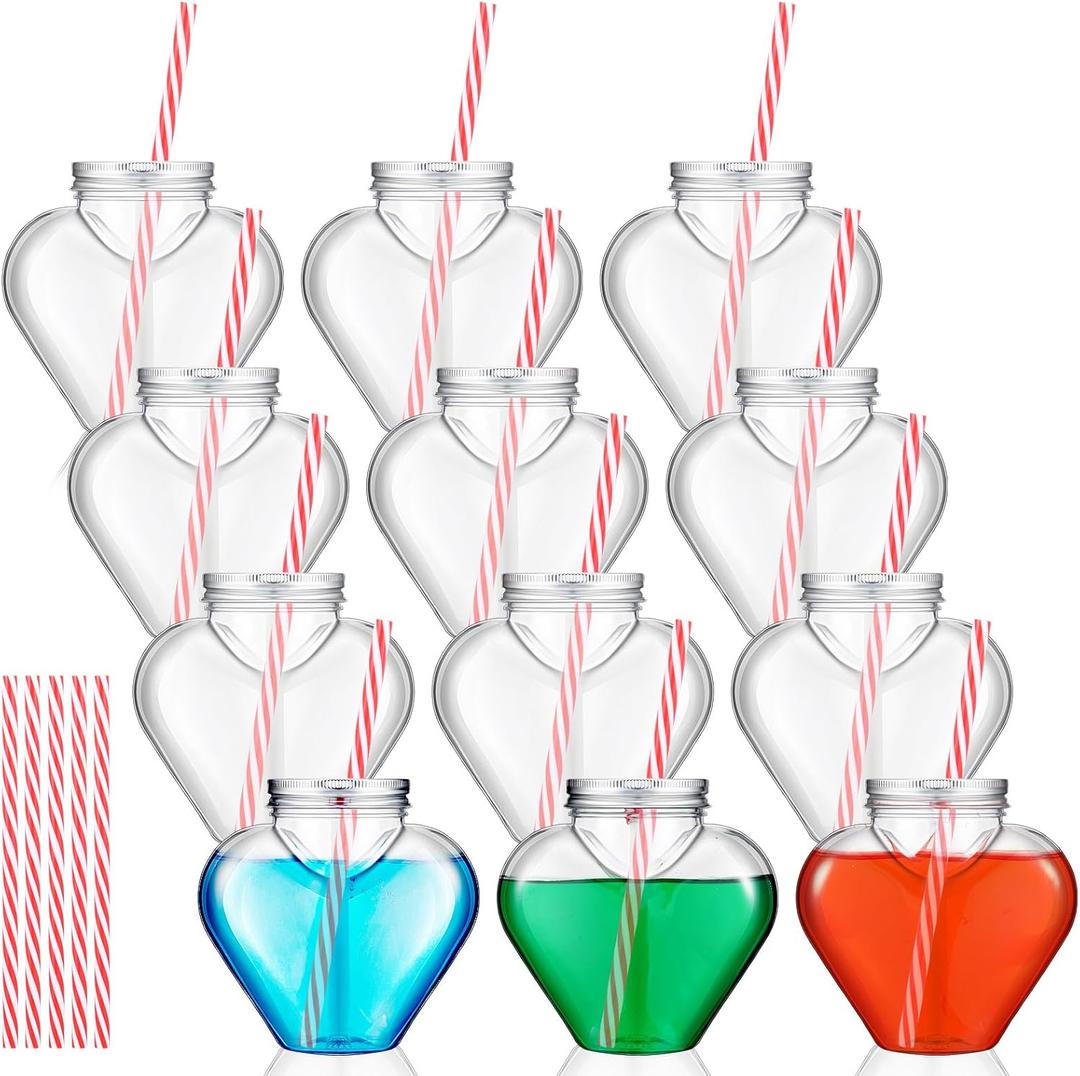 10 oz Valentine's Day Heart Shaped Cups with Lids and Straws Plastic Heart Drink Bottle Clear Plastic Tumblers Clear Drinking Cocktail Cups for Valentine's Day Birthday Party (12 Pcs)
