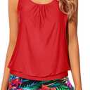 Yonique Blouson Tankini Swimsuits for Women 2 Piece Bathing Suits Tops with Boyshorts Modest Loose Fit Swimwear (Large, Red & Floral)