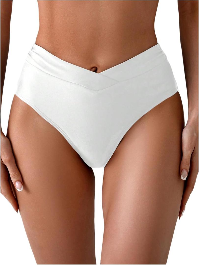 OYOANGLE Women's High Rise Swimsuit Bikini Bathing Suit Bottoms V Waisted Hipster Booty Swim Briefs (White, S)