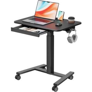 Mobile Standing Desk with Drawer, 28" Rolling Desk with Cup Holder and Hooks, Portable Laptop Workstation on Wheels, Height Adjustable Cart with Storage for Home Office, Black
