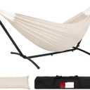 Lazy Daze Hammocks Double Hammock with 9ft Space-Saving Steel Stand Includes Portable Carrying Case, 450 Pounds Capacity (Natural) (Black Frame- Beige)