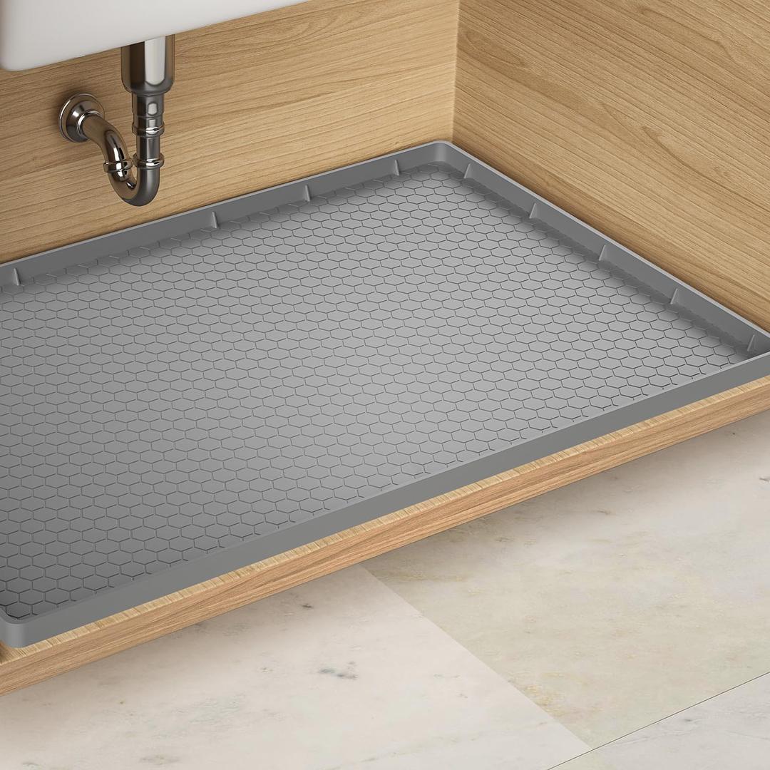 Under Sink Mats for Kitchen Waterproof - 22" x 19" Waterproof Kitchen Cabinet Mat - Flexible Silicone Under Sink Liner - Bathroom Cabinet Mat and Protector for Drips Leaks Spills (Gray)
