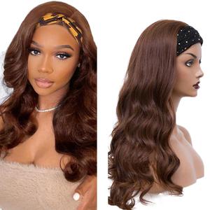 24 Inch #4 Chocolate Brown Headband Wigs Human Hair Body Wave Wigs for Black Women Brazilian Virgin Hair Glueless None Lace Front Half Wig Wear and Go Brown Headband Wigs Human Hair