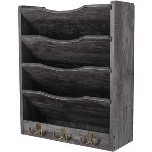 PAG 5-Tier Wall File Holder Hanging Mail Organizer Wood Magazine Literature Rack with 6 Hooks, Dark Gray