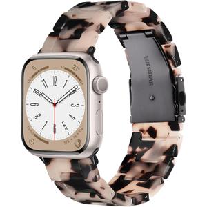 V.R.HOPE Resin Watch Band Compatible with Apple Watch Band for Women 38mm 40mm 41mm 42mm Tortoise Fashion Lightweight Bracelet Strap for iWatch Series 11/10/9/8/7/6/5/4/3/2/1/SE3 (Black Floral)