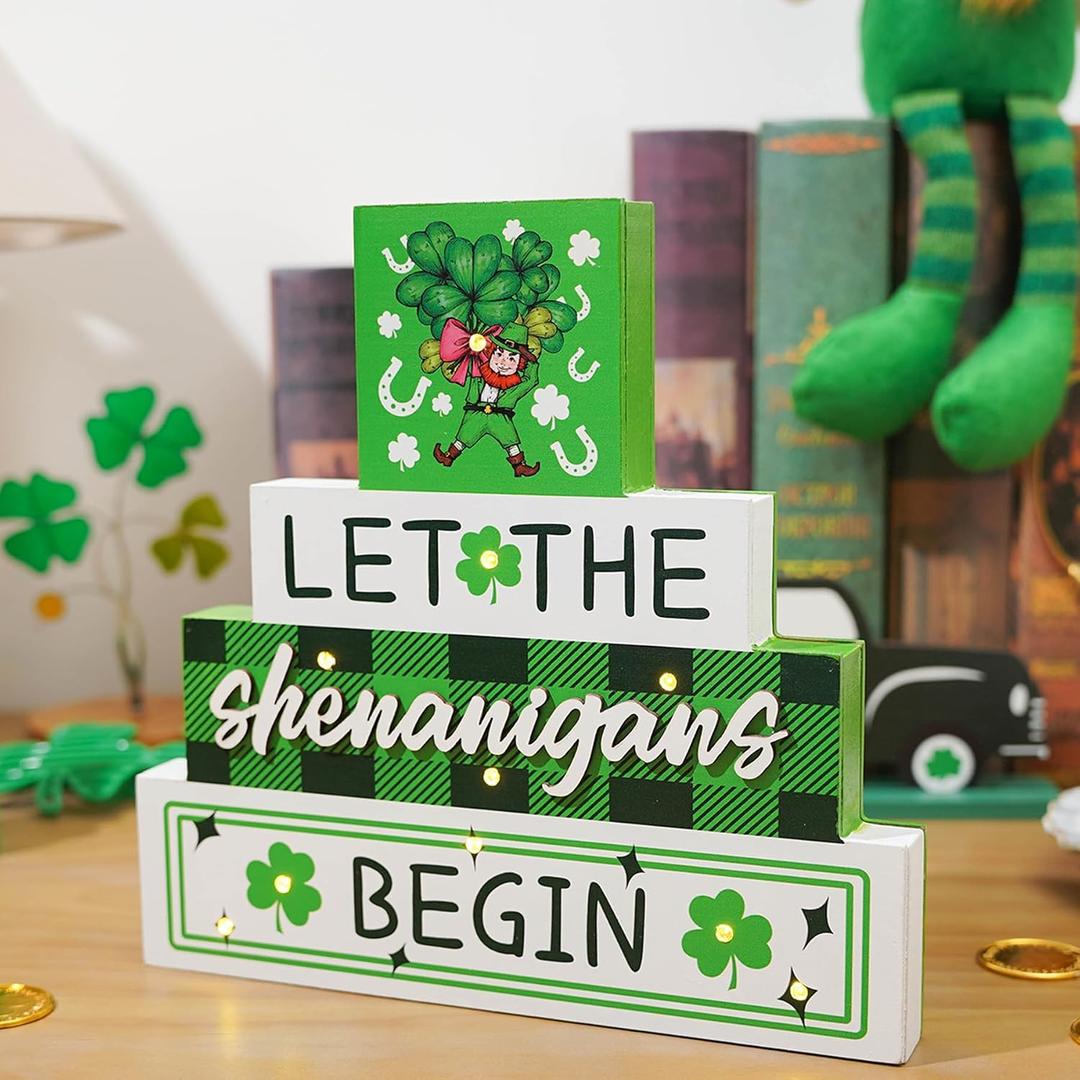 St Patricks Decorations for Table - Leprechaun Lighted Let the Shenanigans Begin Wood Box Wooden Sign for Table Tabletop Bathroom Home Shelf Office Decor