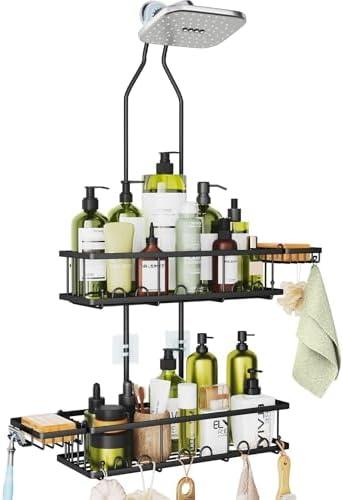 Skyapex Shower Caddy Hanging: Adjustable Height Organizer for Over Showerhead - Black Rustproof Shower Shelves with Hooks & 2 Soap Holders