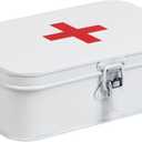 Mind Reader First Aid Box, Emergency Kit, Medical Supply Organizer, Vintage, Buckle Lock, Metal, 9.25"L x 6"W x 3"H, White