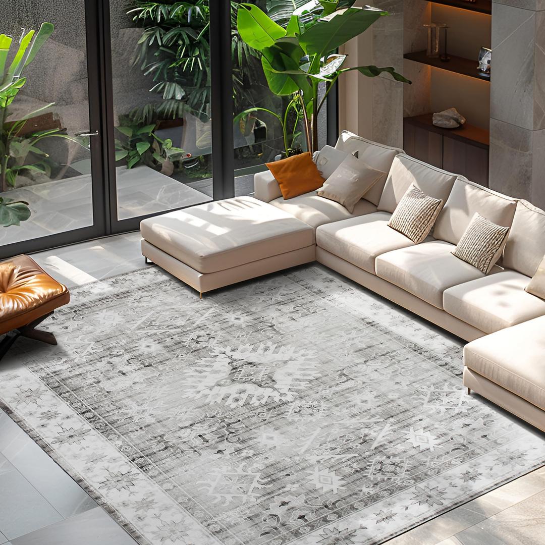 Auemtyn 9x12 Area Rug for Living Room, Grey Washable Rug with Non Slip Backing, Low Pile Carpet for Bedroom, Dinning Room (Grey, 9'x12')