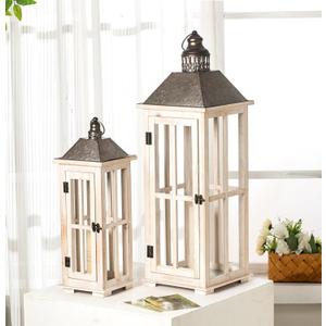 TIMRIS Large Rustic Wooden Decorative Lantern Set of 2, Modern Farmhouse Distressed Whitewash Floor Candle Lanterns, Indoor/Outdoor Hanging Lanterns for Home Decor (No Glass)