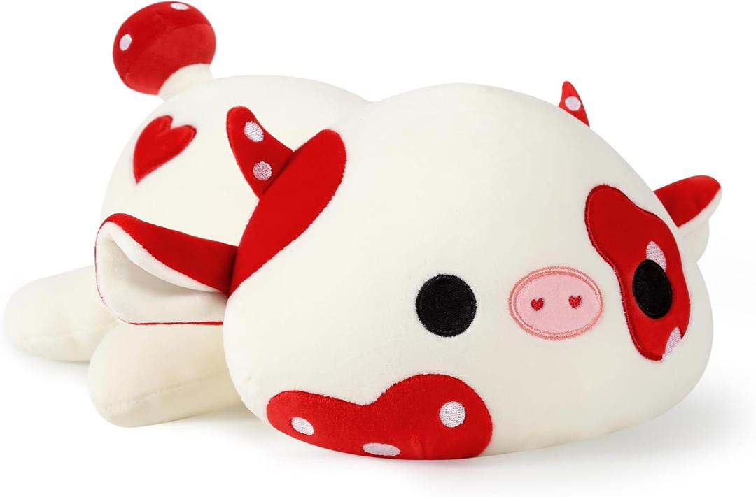 Onsoyours Cute Cow Plushie, Soft Stuffed Mushroom Love Cow Squishy Plush Animal Toy Pillow Gift for Kids (Red Mushroom Cow, 12")