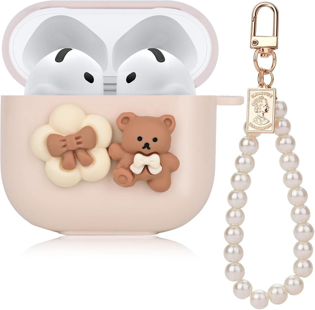 Cute Case for AirPod 4 Lovely Bow Flower Bear Design with Pearl Chain, Soft Protective Cover for AirPods 4th Generation 2024 Released