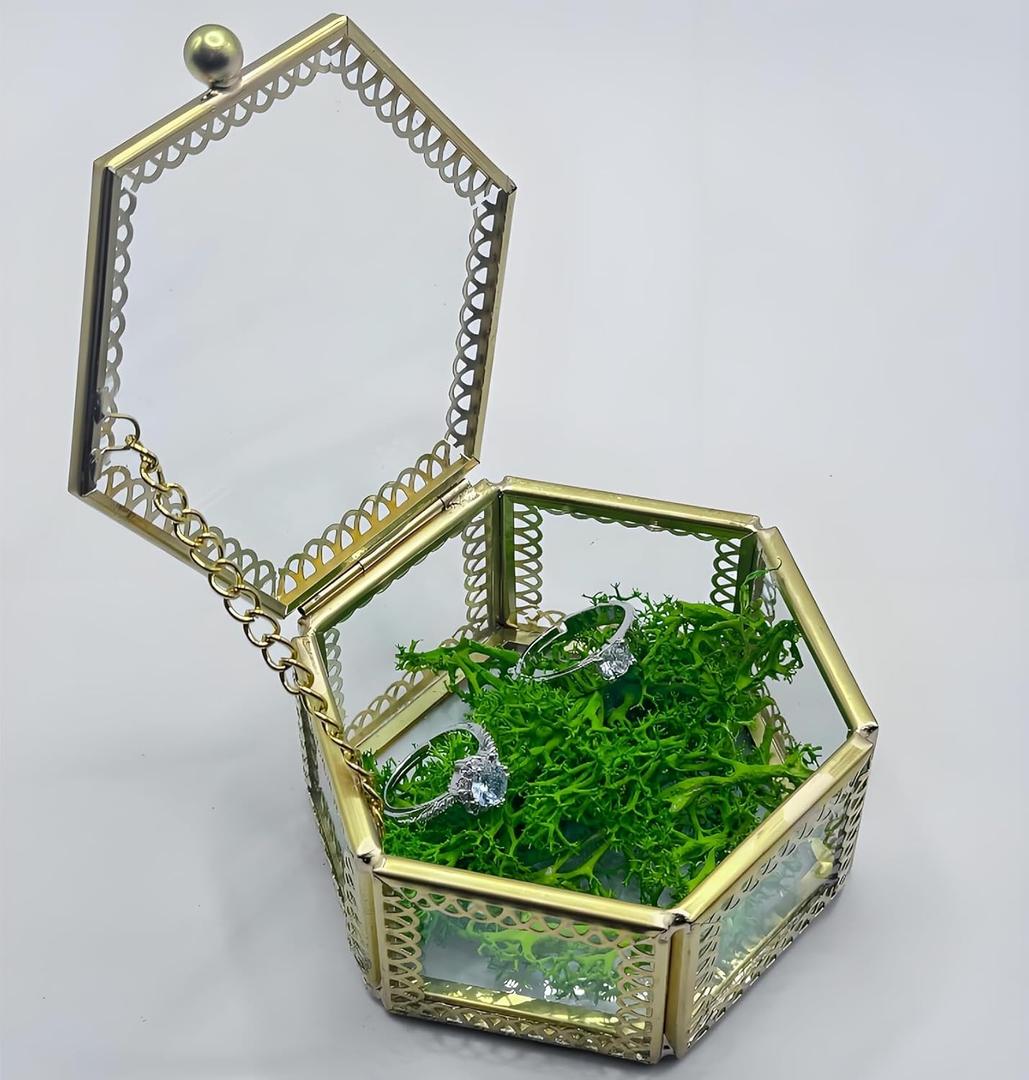 Vintage Glass Jewelry Box - Hexagon Keepsake Box for Storage Ring Earring Trinket, Jewelry Organizer and Decorative Box Gift for Women & Girls GRB004-Gold (Small)