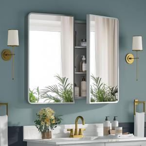 Bathroom Medicine Cabinet with Mirror 24x30Inch, Silver Medicine Cabinet Recessed or Surface Wall-Mounted, Mirrored Cabinets with Sturdy Metal Adjustable Shelves for Bathroom Vanity