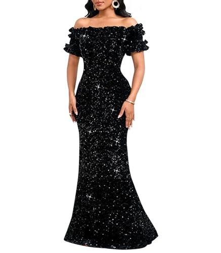 dasmzper Women Sexy Sequin Off Shoulder Ruffle Short Sleeve Bodycon Mermaid Party Formal Evening Maxi Dress Black Small