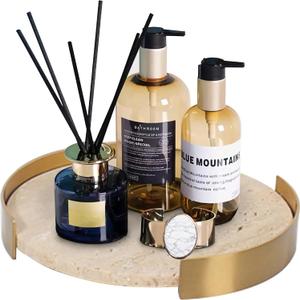 Travertine Tray, Round Marble Vanity Bathroom Countertop Tray, Ceramic Decorative Trays for Coffee Table (S)