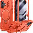 FNTCASE for iPhone 16 Phone Case: Magnetic Phone Cases with [Ring Kickstand] [Built-in Screen Protector] [Heavy Duty Military Grade Protection] Shockproof Rugged Protective Cell Phone Cover Orange