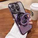 Magnetic Case for iPhone 14 Pro Max with Ring Holder, Luxury Glitter Rhinestone Bling Case [Compatible with Magsafe] Shockproof Kickstand Camera Lens Protector for iPhone 14 Pro Max (Purple)