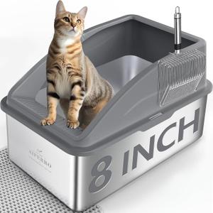 AIPERRO Stainless Steel Litter Box | XXL Deepened 8" Design Enclosed Box with Lid for Big Cats | High Sided, Anti-Urine Leakage | Non-Stick Bottom & Includes Litter Mat & Metal Scoop (Dark Gray)