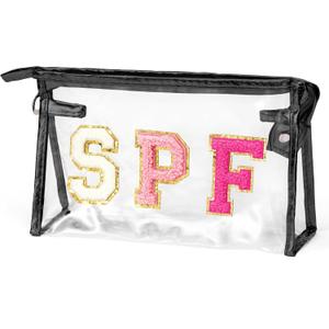 Preppy SPF Cosmetic Bag - SPF Chenille Varsity Letter Clear Toiletry Bag Summer Aesthetic Waterproof Portable Makeup Bag Transparent PVC Zipper Clutch Purse Beach Bag for Women (Black)