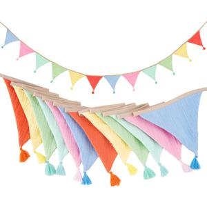 Pre-Strung Cotton Fabric Bunting Banner, 9Ft Multicolor Triangle Pennant Banner Flag, Double-Sided Bunting Garland with Tassels for Birthday, Nursery, Baby Shower, Classroom Hanging Decor