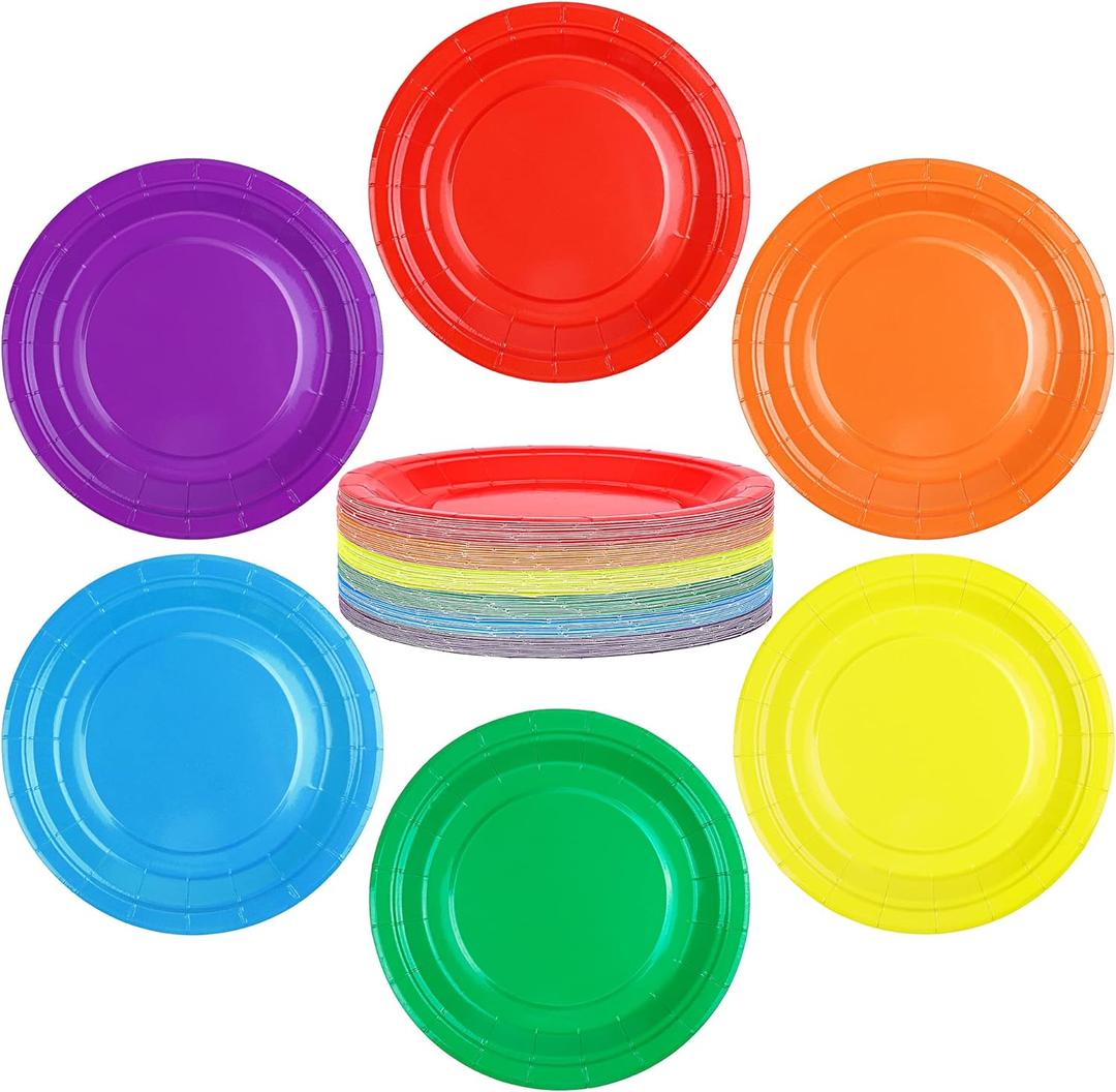 ADXCO Paper 72pcs 7inch Rainbow Plates, Waterproof, Durable, Disposable Party Supplies for Birthday, Picnic, Baby Shower, All Seasons, 6 Colors