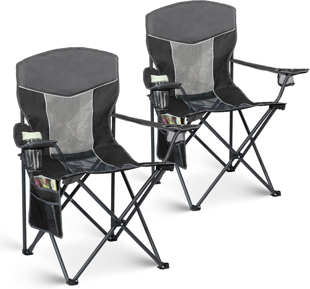 Outdoor Camping Chair 2-Pack with Mesh Back, Folding Portable Lawn Chairs with Cup Holder & Side Storage Pocket for Camping, Beach, Picnic, Fishing(Black)