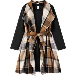 PATPAT Preschool Girl Fall Outfit Ribbed Knit Dress with Khaki Check Shacket Casual & Comfy, 45 Years