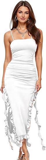 Womens Square Neck Spaghetti Strap Y2k Bodycon Dresses High Split Ruched Sleeveless Ruffle Tassel Sexy Maxi Dresses, Small