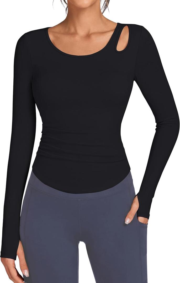 BMJL Womens Workout Tops Built in Bra Yoga Long Sleeve UPF 50+ Sun Shirts | Sun protection,belly ruched, shoulder cutout, lightweight breathable stretch fabric, athletic fitness gym clothes (Black, XS)