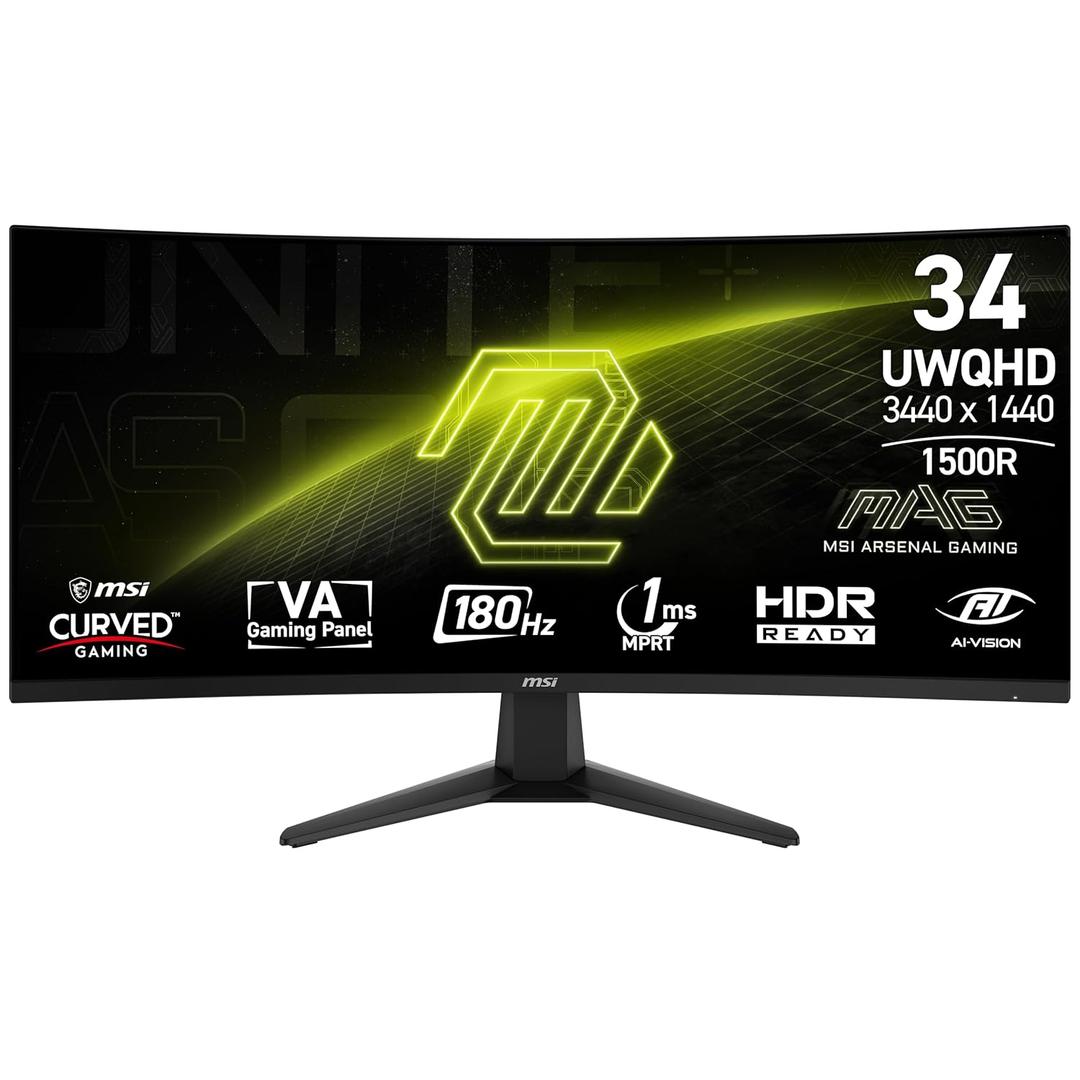 Msi MAG 346CQ 34-inch 3440 x 1440 (UWQHD) Gaming Monitor, 180Hz, Adaptive-Sync, HDMI, DisplayPort, VESA Mountable, Tilt, Height Adjustable, Speaker, 1ms, Black